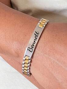 1 件定制不锈钢姓名和日期雕刻手链，有银色、金色、黑色可选，多种字体样式，简约配饰，情人节、父亲节、母亲节、生日、圣诞节、周年纪念日的理想礼物 - 为朋友和家人提供的个性化独特礼物 - 彩色 - 查看 5