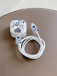 Set de 3 fundas protectoras para cable de datos y cargador, con patrón de flores azules estilo Reino Unido, adecuado para adaptador de carga rápida de 20W de Apple, accesorios de cargador para evitar que se rompa el cable, protector de cargador, accesorios para teléfono