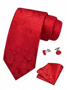 3pcs/Set Men's 8cm Wide Red Paisley Necktie, Pocket Square & Cufflinks Set, High Quality Classic Fashion Business Casual Tie Set, Gift For Men, Wedding, Christmas, Party - Red - View 2