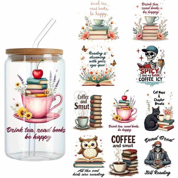 ELEWINS 10 Blatt UV DTF Becher Umwicklungen für 16oz Tumblers - Buch-Motiv isolierte Tumbler Umwicklungen kratzfeste Transferfolien für Glas & Tassen - Leicht ablösbare UV DTF Transferfolien für glatte Oberflächen, Schulmaterial, Rückkehr zur Schule