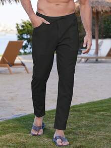 Pantalones cortos holgados con cordón para hombre, pantalones casuales para todas las estaciones - Negro - Ver 3