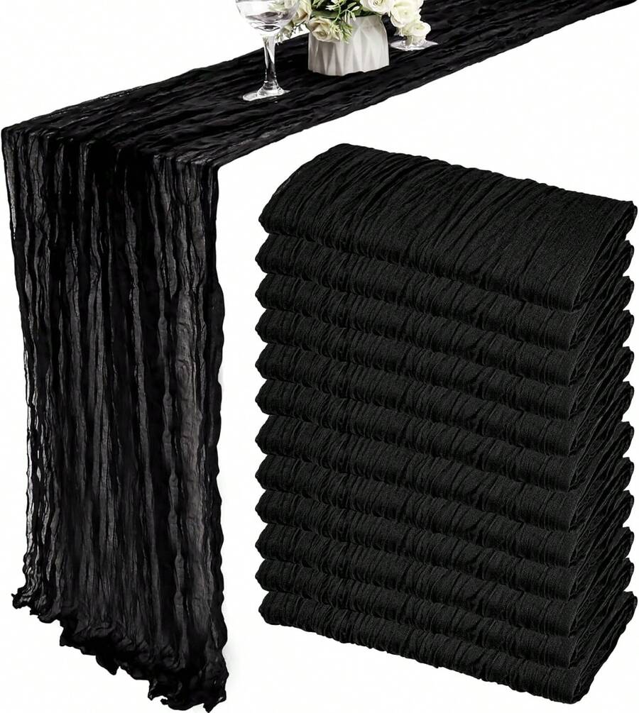 12 Pack 10Ft Cheesecloth Table Runner 35x120 Inch Boho Gauze Table Runner Rustic Cheese Cloth Long Table Runner Romantic Table Runner For Wedding Bridal Shower Birthday Party Table Decor (Black) - 黑與白 - 查看 1