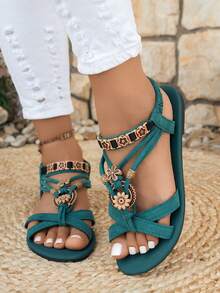 Women's Fashion Bohemian Style Flat Sandals, Casual Versatile, Suitable For Weddings, Parties, Outdoor, Beach - Dark Green - View 4