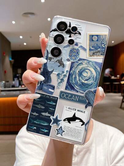1pc Oil Painting Shark Design Transparent TPU Soft Phone Case, Precise Cutouts For Camera Protection, Compatible With Samsung, Nothing, Pixel, INFINIX, Xiaomi Redmi Waterproof Shockproof Anti-Fall Scratch Resistant
