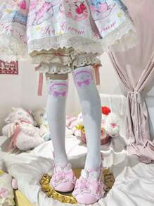 1 par de calcetines de estilo japonés blancos hasta la rodilla con diseño de conejito rosado, lindos y dulces, para mujer