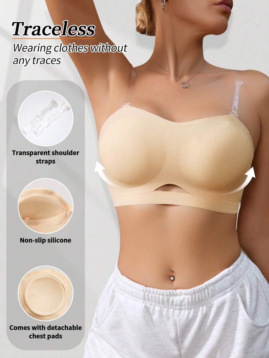 女士无缝文胸，无钢圈，带衬垫聚拢文胸，柔软舒适 - 杏色 - 查看 1