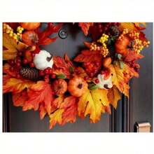 1Pc Autumn Door Wreath Christmas Halloween Decoration Pumpkin Berry Pine Cone Maple Artificial Wreath Cloth Rattan Material Home Decoration