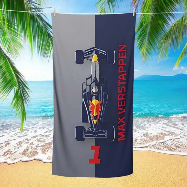 1pc Racing Design Beach Towel - Oversized Quick-Dry Microfiber With F1 Car Graphic, Team Identity - Tropical Style Pool, Camping, Travel Essentials For Swimming, Vacation Gifts, Beach Accessories, Quickdry Fabric