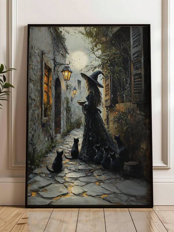 1 stuk, Canvas Hangend Schilderij, Ingelijste Kunstdecoratie, Klaar om op te hangen, Wanddecoratie, Posters, Wanddecoratie met Lijst, Waterdicht, Herfst, Halloween, Heksenposter die Kat Voedt, Zwarte Kat Muurschildering, Heksenhuisdecoratie, Speelse Print, Kattenliefhebber Cadeauprint, Vintage Halloween Kattenprint, Halloween Sfeer Decoratie Muurschildering, Wandkunst, Halloween Decoratiekunst, Halloween Kamerdecoratie, Badkamer, Woonkamer, Slaapkamer, Eetkamer Wanddecoratie