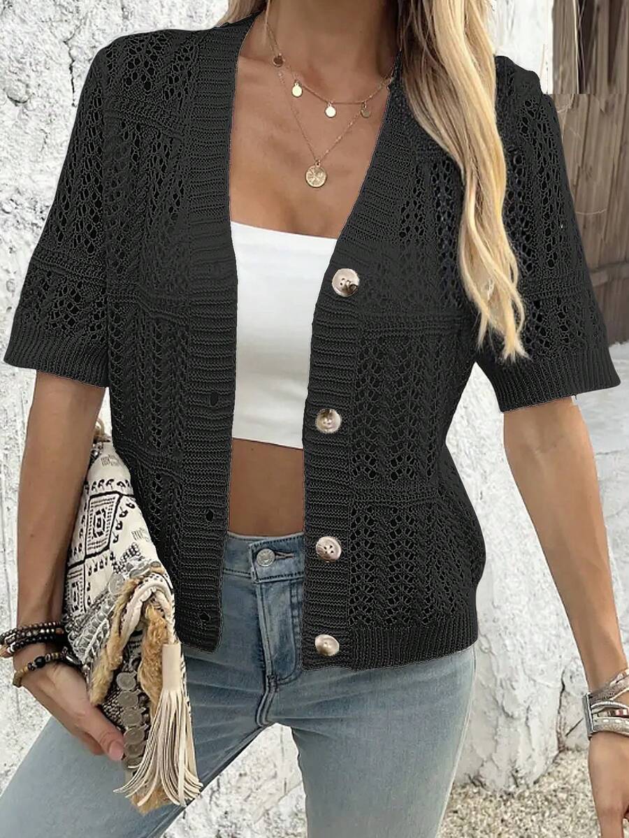 镂空纯色休闲简约时尚短袖针织开衫，女士款，春夏黑色 - 黑色 - 查看 1
