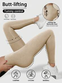 Seamless High Waist Yoga Leggings, Butt Lifting & Tummy Control, 4-Way Stretch & Non-See-Through, Suitable For Running, Gym Etc. In Spring/Summer, Elastic Fabric, Women's Sports Pants - Khaki - View 6