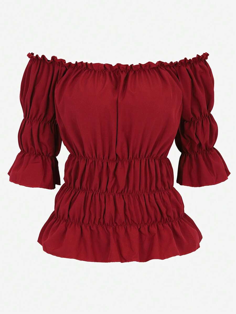 Women Off The Shoulder Tops Steampunk Pirate Shirt Renaissance Blouse Short Sleeve Shirts - Burgundy - View 1