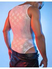 Body de encaje transparente para hombre, body seductor, camiseta sin mangas ajustada sexy para hombre, lencería sexy ajustada - Blanco - Ver 5