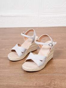 Women's Black Wedge Platform Sandals With Buckle, Holiday Style, Spring & Summer - Light Grey - View 5