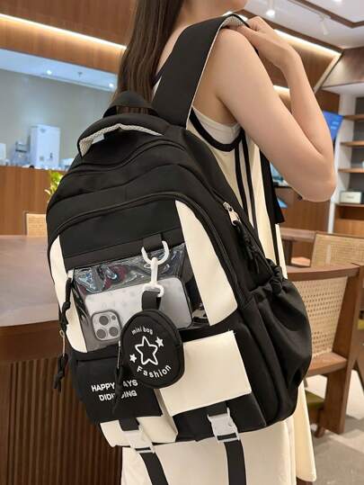 Large Capacity Water-Resistant PVC Transparent Double Pocket Buckle Backpack For Women, Portable Multi-Pocket College Style Student Bookbag With Small Round Bag, Suitable For School, Commuting, Travel, Back To School Season, School Supplies, School Backpack, School Bag, Backpack For School, Back To School Backpack, School Bookbag, Big Backpack, Backpack School, Back To School Bags, Lightweight, Suitable For Teen Girls Women College Students, Perfect For Back To School, First Day Of School, Middle School, High School