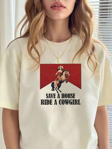 T-shirt grafica da donna taglie forti per l'estate "SALVA UN CAVALLO CAVALCA UNA COWGIRL", top casual e comodo per uso quotidiano, vibes da vacanza