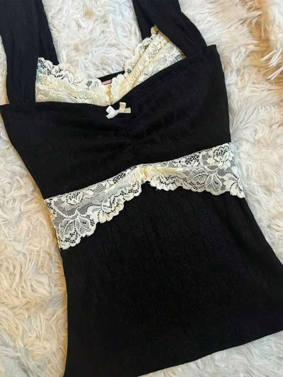 90s Vintage Cutest Lace Trim Camis Women Aesthetic Grunge Slim Fit Milkmaid Vest 00s Retro Y2k Cottage Crop Top - 黑色 - 查看 1