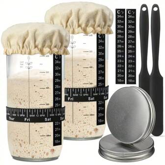 1 Set, Frasco para starter de masa madre con accesorios, Frasco de vidrio de 24 onzas con banda de alimentación marcada con fecha, Termómetro, Raspador de frasco para masa madre, Cubierta de tela y tapa de aluminio, Kit de starter de masa madre para hornear, Jugo de frutas