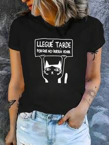 Playera estampada de letras y gatos, manga corta y cuello redondo, top casual para verano y primavera, ropa de mujer - Negro - Ver 1