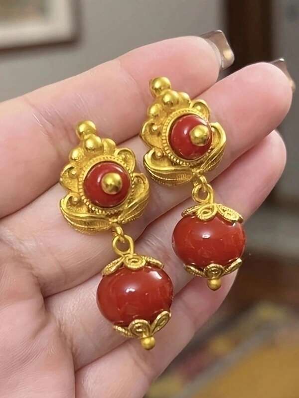 1 Pair Vintage Luxury Red Acrylic Beaded Dangle Drop Earrings, Elegant Charming Women's Party Jewelry Gift