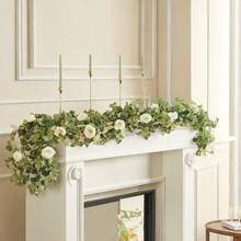 ٱكليل إكليليات إصطناعي 70 بوصة / 5.9 قدم مع وردة بيضاء من الرغوة، إكليل خضرة زهور مزيفة للأعياد والأم والرومنسية والحفلات والديكور المنزلي (أبيض)