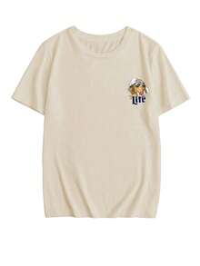 Women Summer New Stylish Striped Design Sunglasses Dog Graphic Print Casual Round Neck Short Sleeve T-Shirt, Fashionable & Versatile - Apricot - View 5