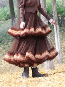 Falda de gasa con diseño de alta gama, efecto adelgazante de bloques de color y patchwork, falda larga con excelente efecto drapeado, de doble capa