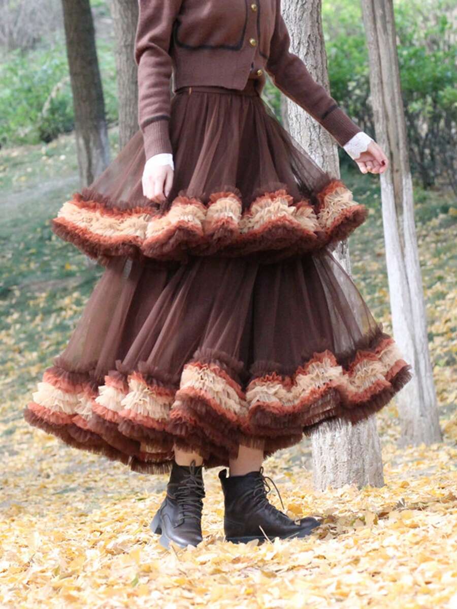 Falda de gasa con diseño de alta gama, efecto adelgazante de bloques de color y patchwork, falda larga con excelente efecto drapeado, de doble capa