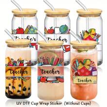 6pcs Teacher Theme Cup Wrap Decals - UV DTF Transfer Stickers For Decorating Glass Bottles, Mugs, Laptop & Crafts, Back To School, Graduation & Teacher's Day Gifts For Teachers
