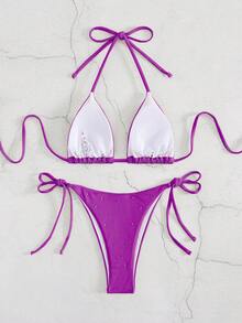 New Arrival Rhinestone Embellished Women European & American Style Bikini Two-Piece Swimsuit Set - Violet Purple - View 2