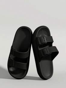 Unisex Plain Color Buckle Open Toe Sandals, Breathable, Non-Slip, Durable EVA Sole, Adjustable Strap, Comfortable Thick Bottom Shoes - Suitable For Indoor & Outdoor Use - Black - View 3