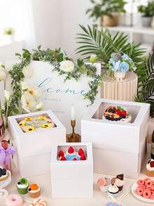 1/6pcs Cake Box With Window And White Lid Disposable Cake Box Cake Container Suitable For Wedding, Birthday, Party, Camping, Celebration, Cake Storage, White Gift Box, Party Supplies, Pastry Packaging Box, Cake Decoration Supplies - White - View 2