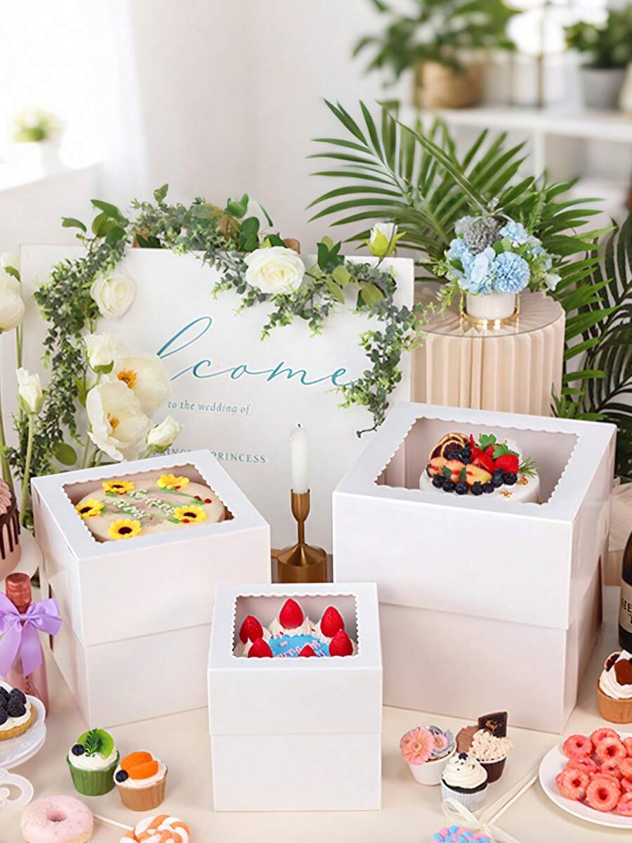 1/6pcs Cake Box With Window And White Lid Disposable Cake Box Cake Container Suitable For Wedding, Birthday, Party, Camping, Celebration, Cake Storage, White Gift Box, Party Supplies, Pastry Packaging Box, Cake Decoration Supplies