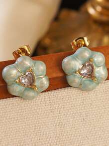 1pc Vintage Romantic Style Colorful Drop Oil Craft Embedded Heart-Shaped Glass Decor Flower Stainless Steel Earrings, Suitable For Women's Daily Wear