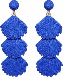 Raffia Dangle Earrings Women - Boho Statement Rattan Drop Jewelry With Design, Lightweight Summer Beach Accessories - Royal Blue - View 1