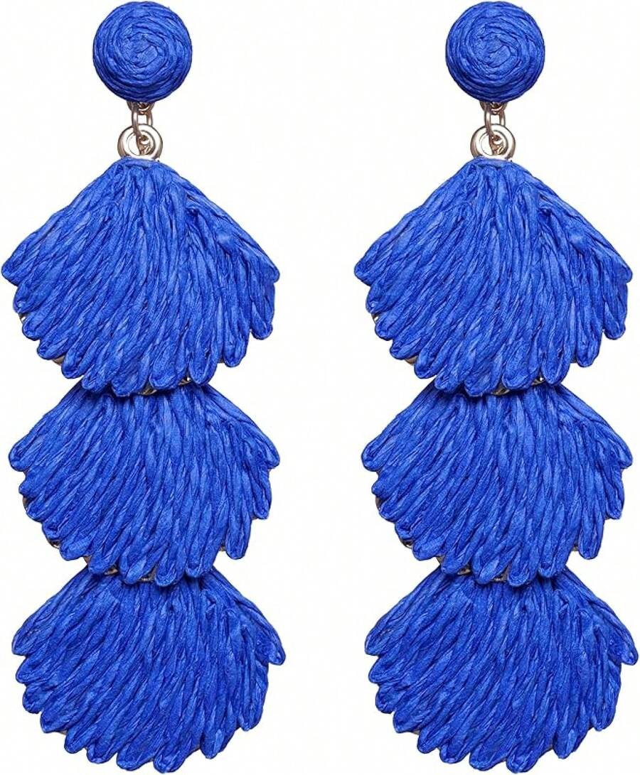 Raffia Dangle Earrings Women - Boho Statement Rattan Drop Jewelry With Design, Lightweight Summer Beach Accessories - Royal Blue - View 1
