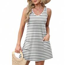 OFEEFAN Womens Summer Dresses 2025 V Neck Sleeveless Sundresses With Pockets Beach Vacation Clothes Floral/Plain - 條紋 01 - 查看 2