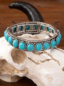 1 pieza Brazalete de puño elástico con concha de cabeza de vaca decorada con piedra de turquesa azul, joyería de estilo vaquero para mujer