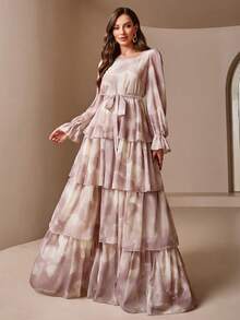 女式优雅荷叶边下摆系带长裙，带有随机花卉印花和泡泡袖，春夏