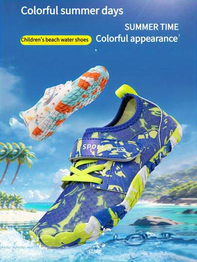 A Pair Of Children's Stream Tracing Shoes, A New Summer Style For Boys, Randomly Printed, Fashionable Low Top Hook And Loop, Breathable, Mesh Quick Drying, Boys' Beach Swimming Shoes, Rubber Wear-Resistant Sole, Indoor Lightweight, Skipping Rope Running Yoga Shoes