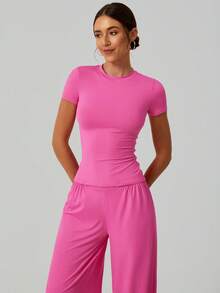 NcmRyu Conjunto deportivo de mujer de unicolor, sexy, de ajuste ceñido, de cintura alta, holgado y cómodo - Rosa Fucsia - Ver 6