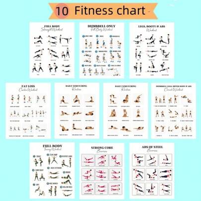 8pcs Full Body Workout Poster Set, Fitness Exercise Guide Printed Pictures, Paper Material, 8"X10" Frameless Home Gym Training Plan, Legs, Core, Back, Chest, Glutes And Dynamic Stretch, Suitable For Classroom, Home, Dorm, Gym, Yoga Room Decor, 2D Flat,School Supplies,Back To School
