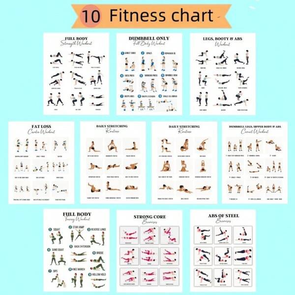 Set de 8 carteles de rutina de entrenamiento integral del Body, guía de ejercicios fitness con imágenes impresas, material de papel, tamaño 8"X10" sin marco para decoración del gimnasio doméstico, plan de entrenamiento para piernas, abdomen, espalda, pecho, glúteos y estiramiento dinámico, adecuado para aula, hogar, dormitorio, gimnasio, sala de yoga, diseño plano 2D, útiles escolares, regreso a clases