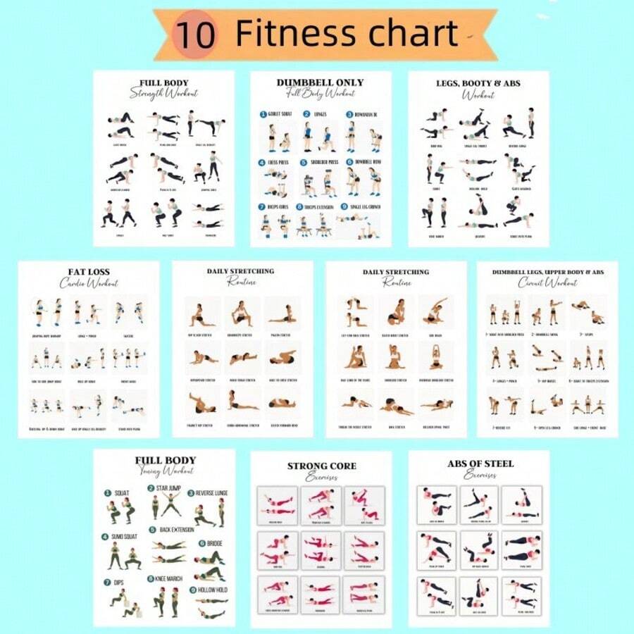 8pcs Full Body Workout Poster Set, Fitness Exercise Guide Printed Pictures, Paper Material, 8"X10" Frameless Home Gym Training Plan, Legs, Core, Back, Chest, Glutes And Dynamic Stretch, Suitable For Classroom, Home, Dorm, Gym, Yoga Room Decor, 2D Flat,School Supplies,Back To School - Multicolor - View 1