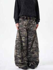 1条正义兄弟复古美式拼布设计水洗牛仔工装裤，休闲宽松阔腿裤（不含腰带和配饰） - 軍綠色 - 查看 8