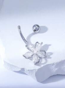 1pc Copper Plated Silver Exquisite Shiny Flower Zirconia Belly Button Ring, Very Suitable For Ladies To Wear Decoration At Gatherings And Parties