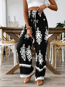 Women's Elastic Drawstring Waist Wide Leg Random Floral Print Pants - Multicolor - View 6