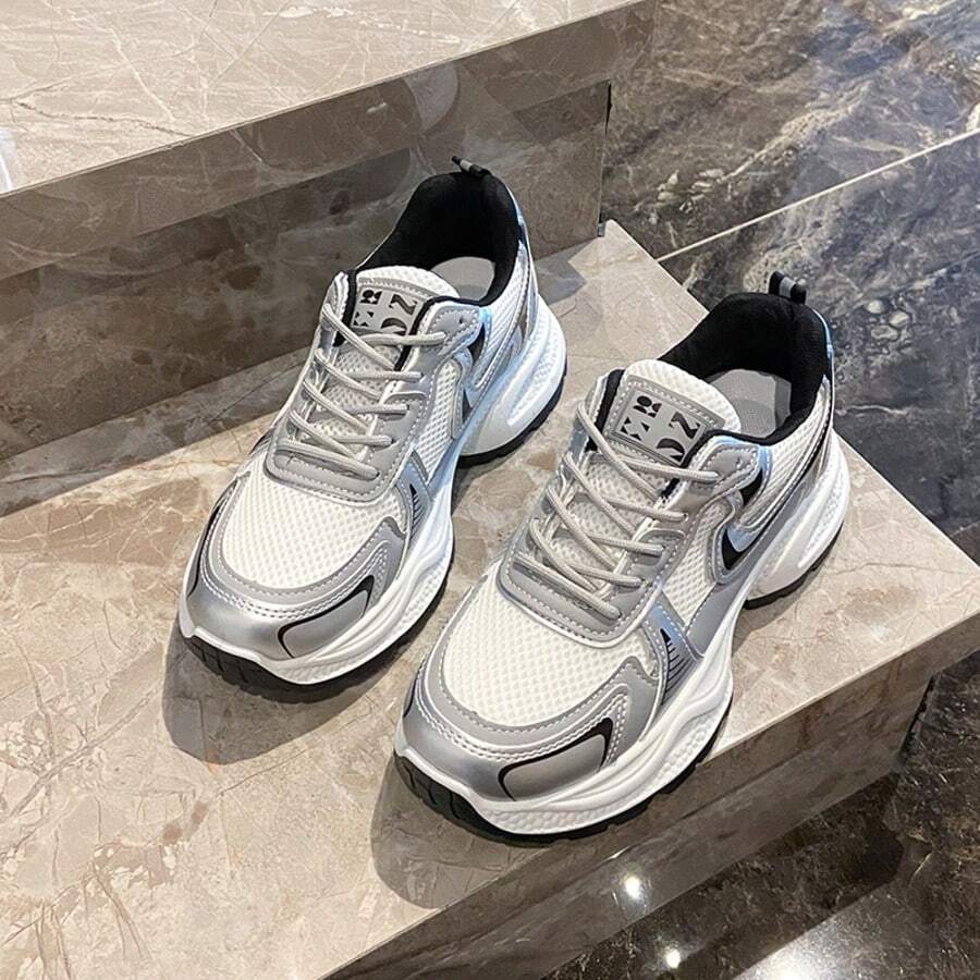 Women's Thick-Soled Sneakers, Fashionable Ins Style, Slimming, Anti-Slip, Lightweight, Breathable Mesh, Casual Running Shoes, Spring/Autumn - Silver - View 1