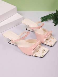 Sandalias planas elegantes y bohemias con decoración de lazo francés de un solo color, nuevas sandalias de verano con puntera abierta y tacones altos preciosos para vestidos - rosa - Ver 6