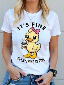 Camiseta de mujer blanca con estampado de pato "It's Fine Everything Is Fine", 180g, algodón, cuello redondo, manga corta, diseño casual ideal para el verano, estilo divertido y juvenil. - Blanco - Ver 1